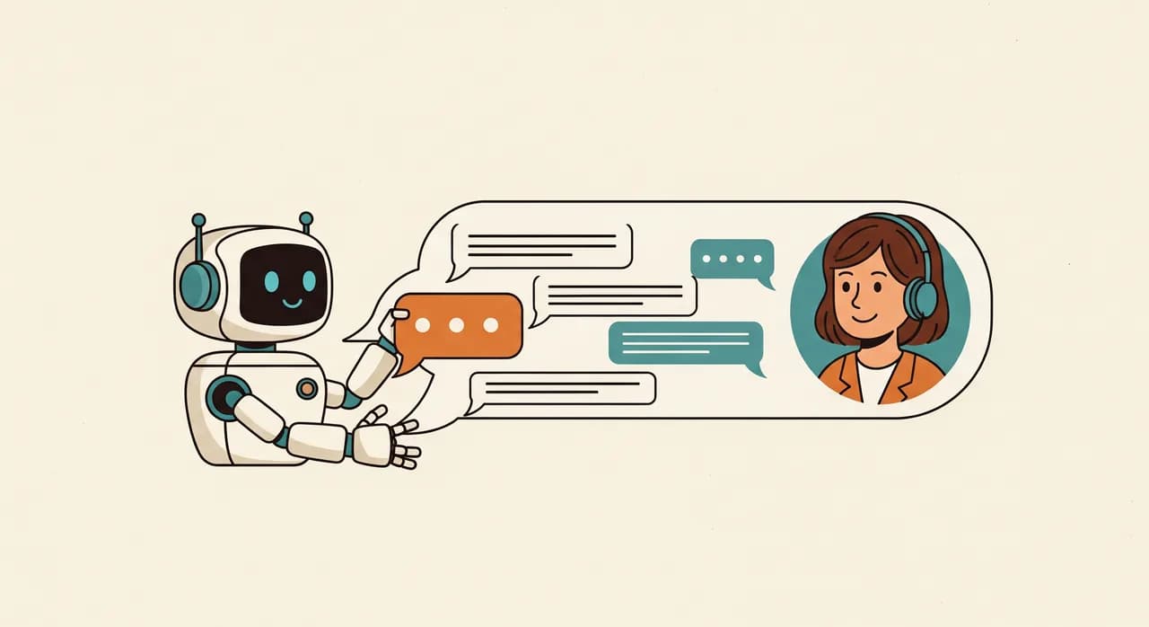 Lämmin kuvitus sujuvasta luovutuksesta: chat-keskustelu siirtyy visuaalisesti pieneltä ystävälliseltä robotilta hymyilevälle ihmistukihenkilölle, chat-historia virtaa ehjänä heidän välillään, selkeä litteä toimituksellinen tyyli
