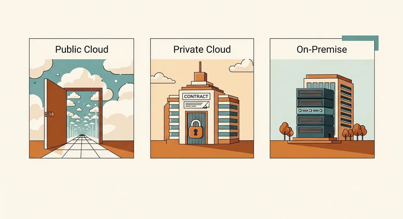 Čistá redakční ilustrace o třech panelech porovnávající možnosti nasazení AI: veřejný cloud s otevřenými dveřmi, soukromý cloud se smlouvou a zámkem a on-premise server bezpečně sedící uvnitř malé kancelářské budovy