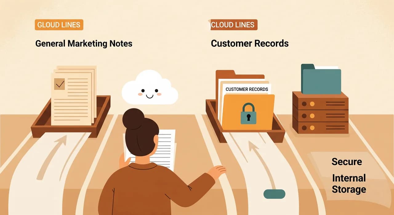 Vřelá plochá ilustrace dvou jasně označených pruhů na stole: jeden zásobník s obecnými marketingovými poznámkami tekoucími k přátelské ikoně cloudu a druhý zásobník se zamčenou složkou zákaznických záznamů tekoucích k malému internímu serveru, osoba klidně třídící dokumenty mezi nimi