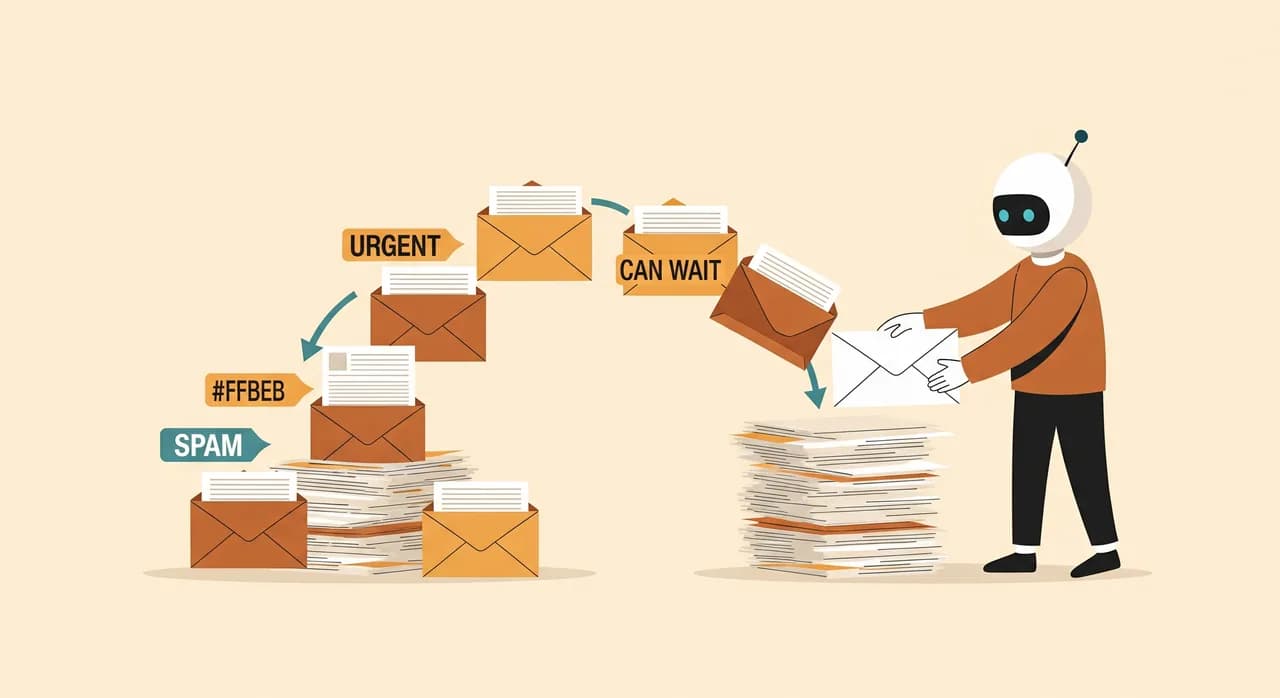 Una casella di posta traboccante che si riorganizza visivamente in pile ordinate ed etichettate — urgente, può aspettare, spam — con un assistente IA che smista delicatamente le buste, illustrata in uno stile piatto caldo e sereno