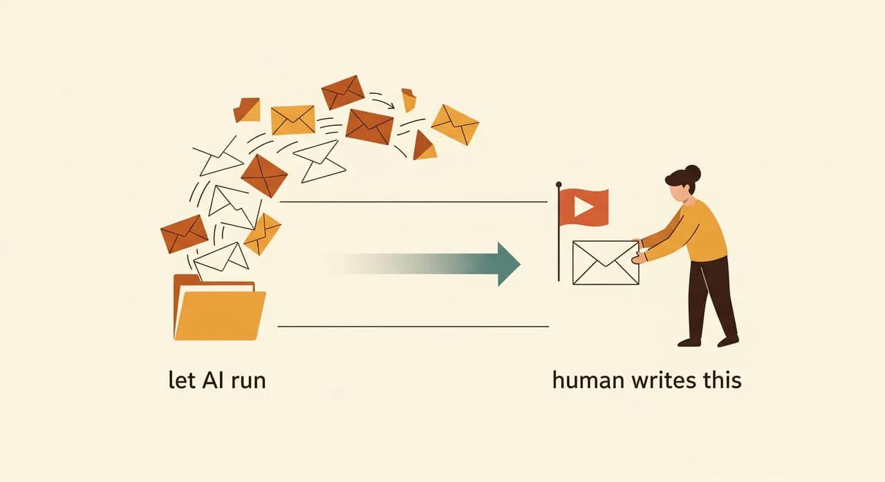 Un diagramma chiaro a due corsie: una corsia etichettata 'lascia correre l'IA' con buste che scorrono liberamente nelle cartelle, un'altra 'questo lo scrive una persona' con qualcuno che gestisce con cura un messaggio segnalato, disegnato in uno stile editoriale pulito