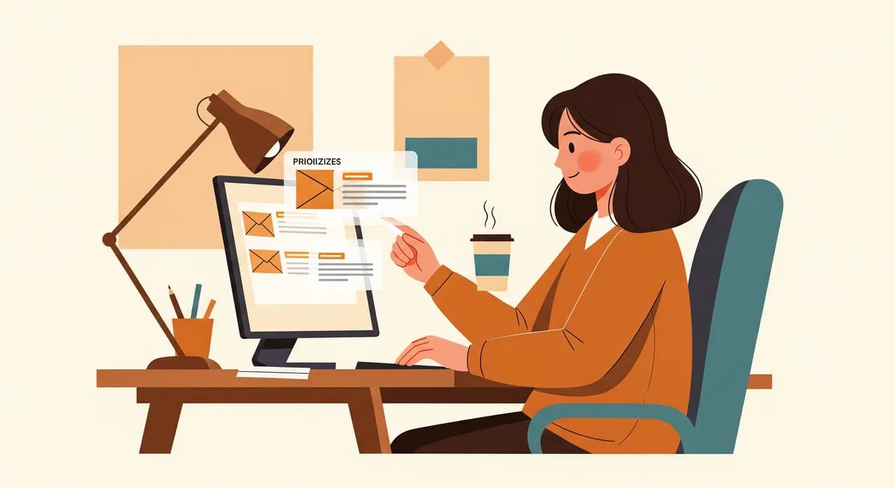 Una persona rilassata in un piccolo ufficio, a una scrivania ordinata, mentre rivede sullo schermo una breve pila di e-mail chiaramente etichettate e prioritizzate, con un'espressione tranquilla e un caffè, luce naturale calda, illustrazione editoriale piatta