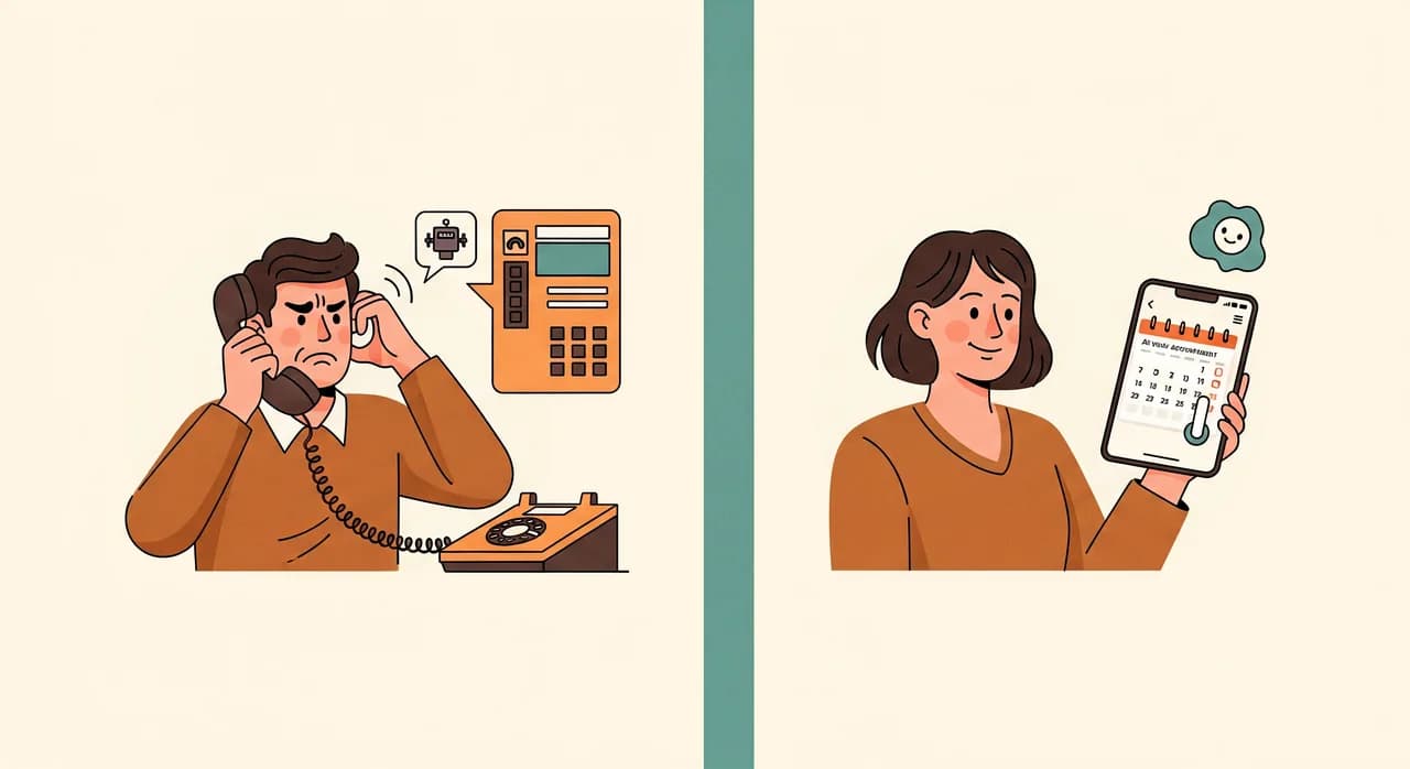 Čista ilustracija deljenega zaslona: na eni strani frustriran klicatelj odloži ob starem robotskem telefonskem meniju, na drugi se isti klicatelj nasmiha, medtem ko mu asistent z UI rezervira termin v koledarju, ploski uredniški slog