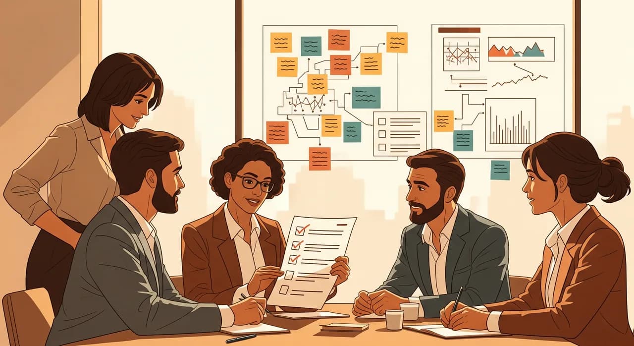 A mid-sized company leadership team gathered around a table reviewing a printed checklist, with sticky notes on a glass wall mapping data and processes, warm natural office light