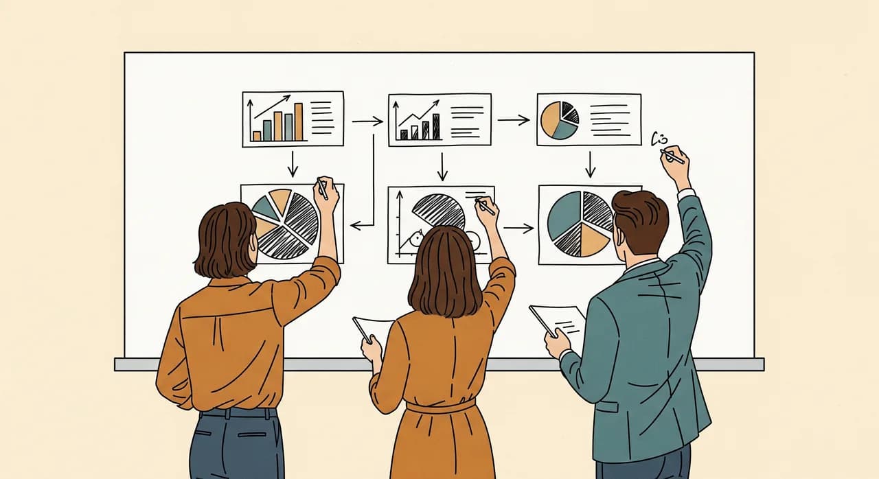 Three employees standing at a whiteboard sketching the same business process flow, two of the drawings clearly differing from each other, illustrated in a clean editorial style
