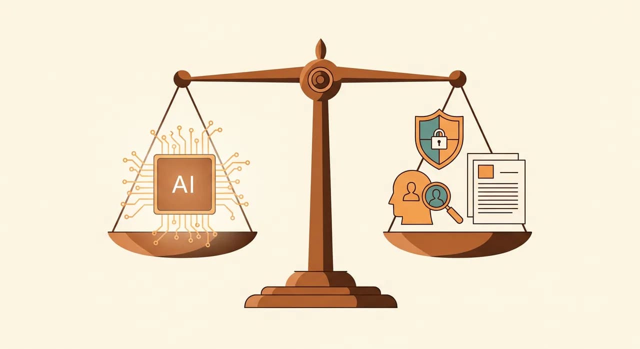 A balanced scale weighing a glowing AI chip on one side against icons representing data privacy, a human reviewer and a document, set in a calm professional illustration style