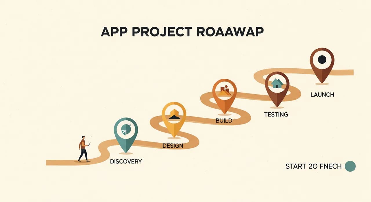 A wide editorial illustration of an app project roadmap as a winding path with five labelled milestone markers — discovery, design, build, testing, launch — drawn in a clean flat style with warm muted colours, a small figure walking the path