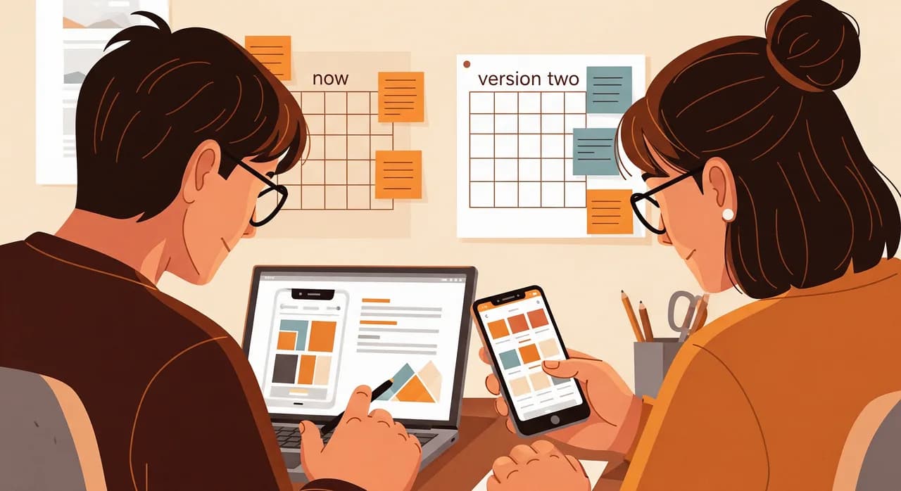 A close-up editorial illustration of two developers at a desk reviewing app screens on a laptop and a phone side by side, sticky notes on the wall behind grouped into 'now' and 'version two' columns, warm focused lighting