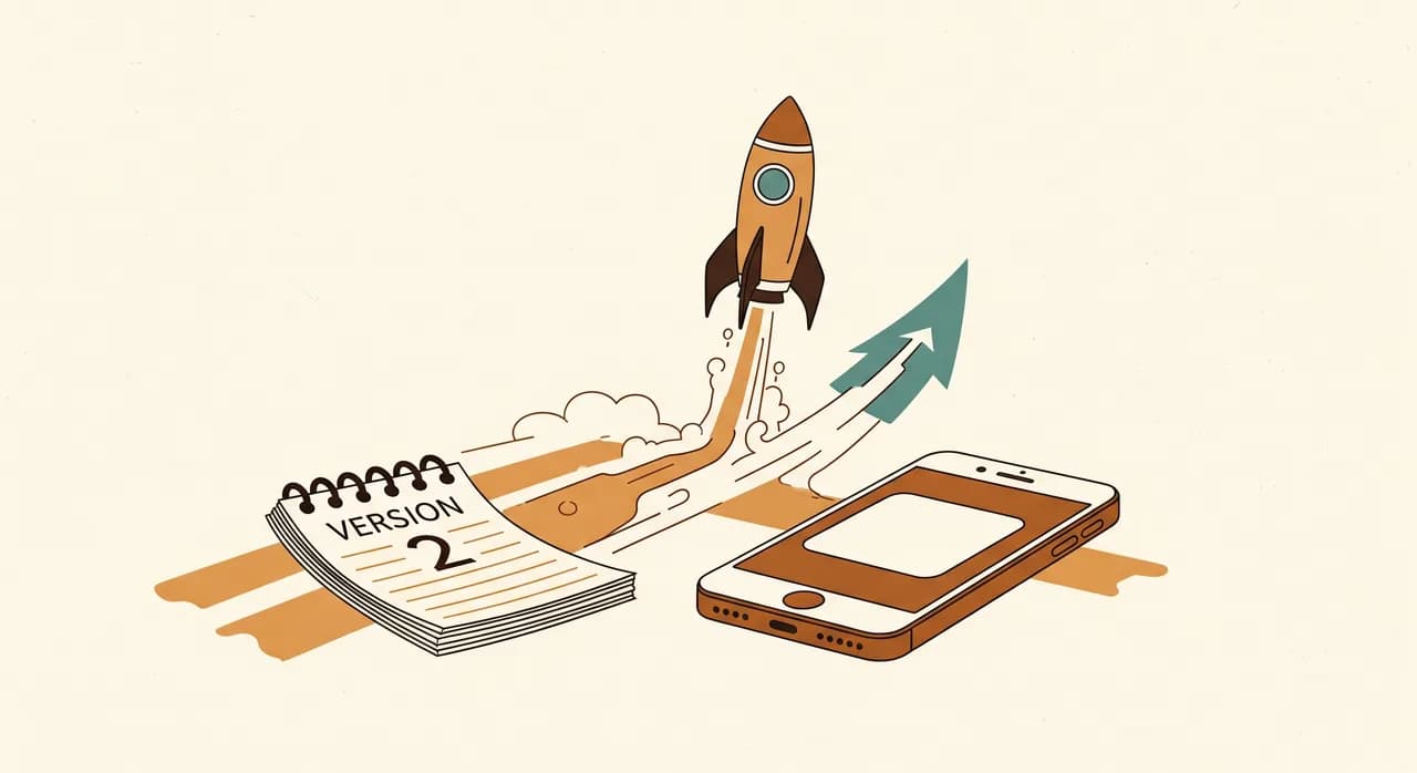 A clean editorial illustration of a small app launching: a phone with a simple app screen, a rocket-trail motif made of soft lines, and a 'version two' notepad set calmly to one side, warm muted palette, optimistic but not flashy
