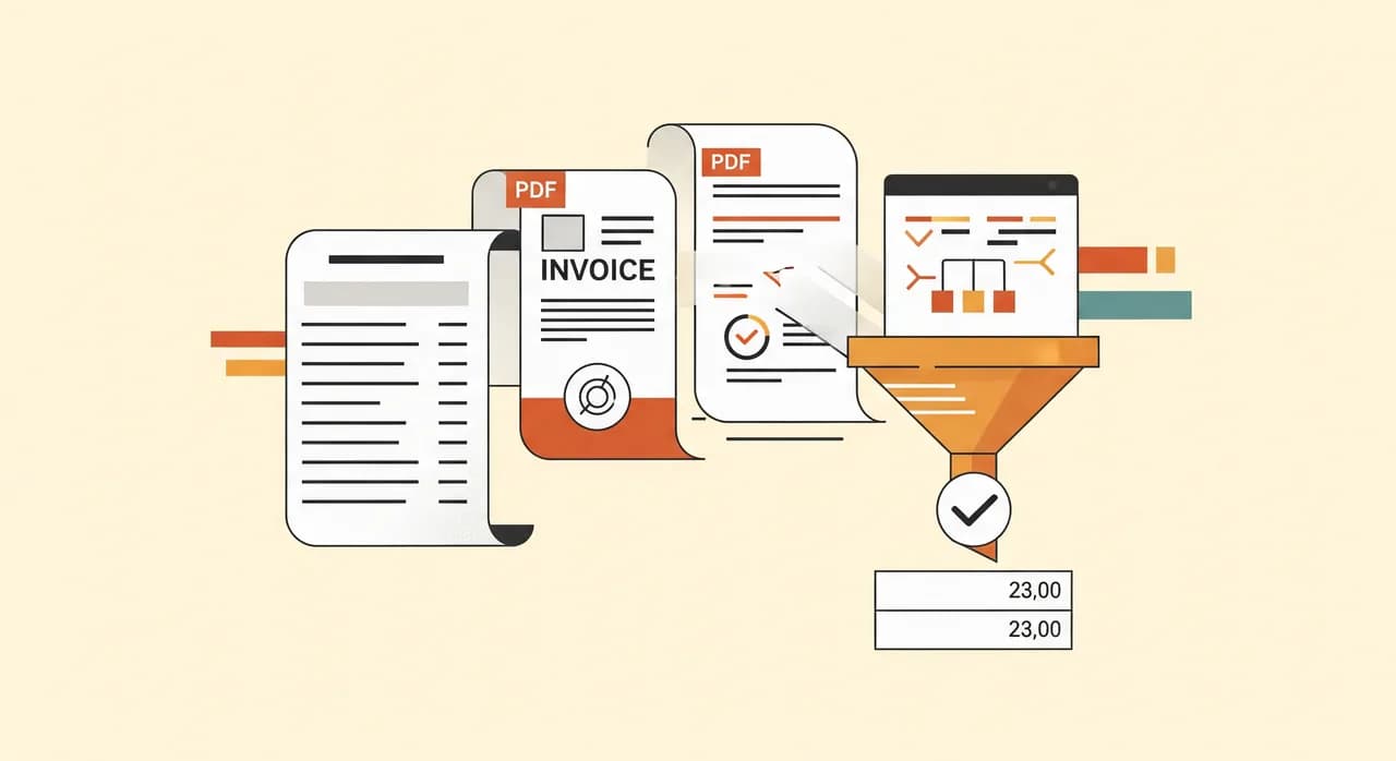 Tre documenti di fattura stilizzati che confluiscono in un unico imbuto contrassegnato da un segno di spunta — una scansione cartacea, un PDF, un file digitale strutturato — che si fondono in una registrazione contabile pulita, illustrazione editoriale piatta e nitida