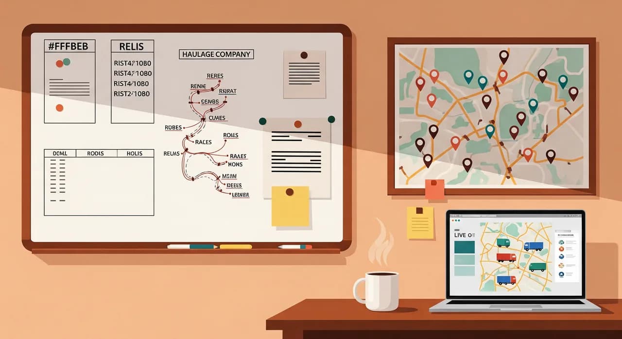 A small haulage company dispatch office at dusk: a whiteboard covered in vehicle registrations and routes, a wall map with pins, a laptop showing a simple live map of trucks, and a mug of coffee, warm practical lighting