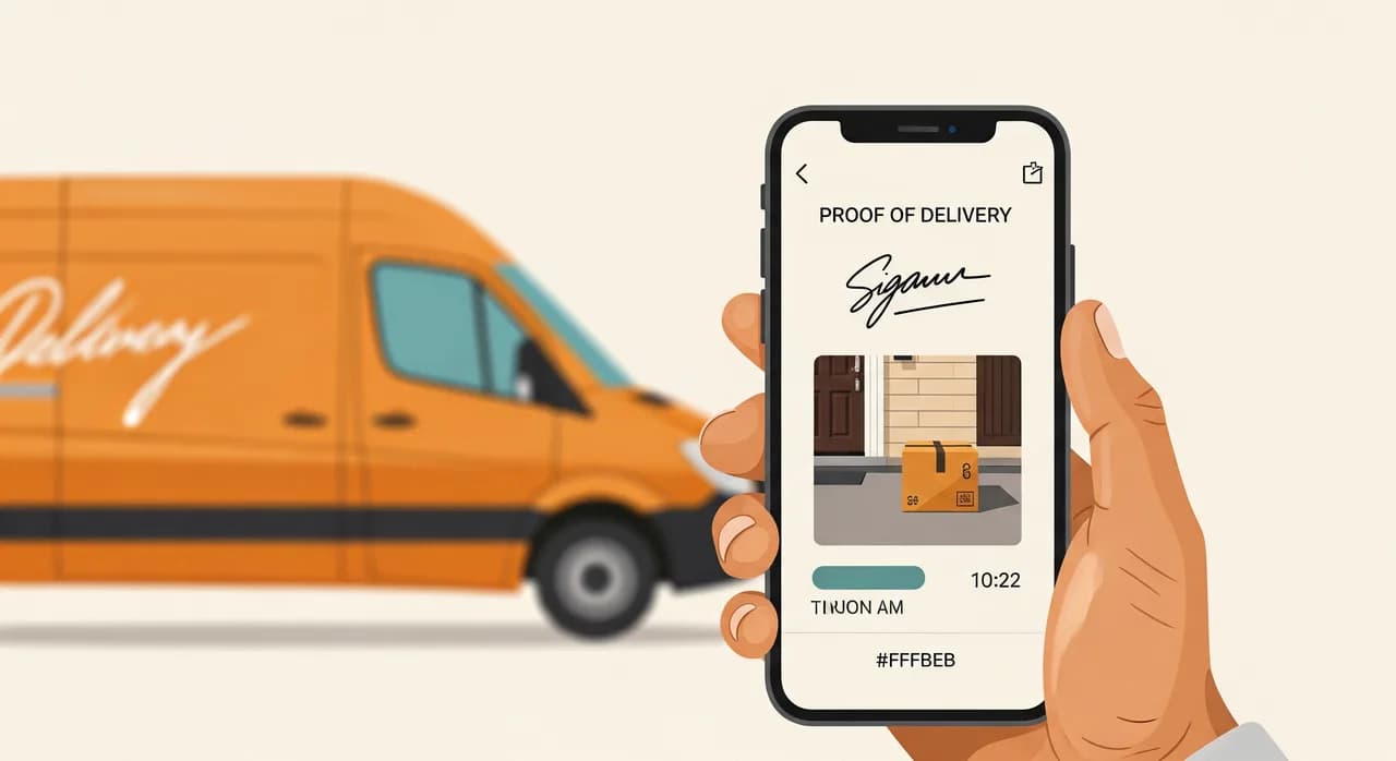 A clean editorial illustration of a smartphone in a delivery driver's hand showing a proof-of-delivery screen with a signature, a photo thumbnail of a parcel at a door, and a timestamp, with a delivery van blurred in the background