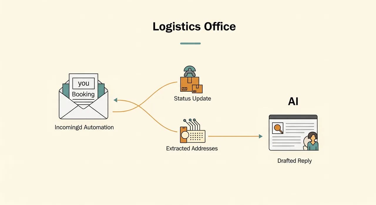 A clean flat-style decision diagram for a logistics office: an incoming booking email on the left forking into two paths — one labelled rule-based automation flowing to a status update, one labelled AI flowing to extracted addresses and a drafted reply — drawn in a calm professional palette