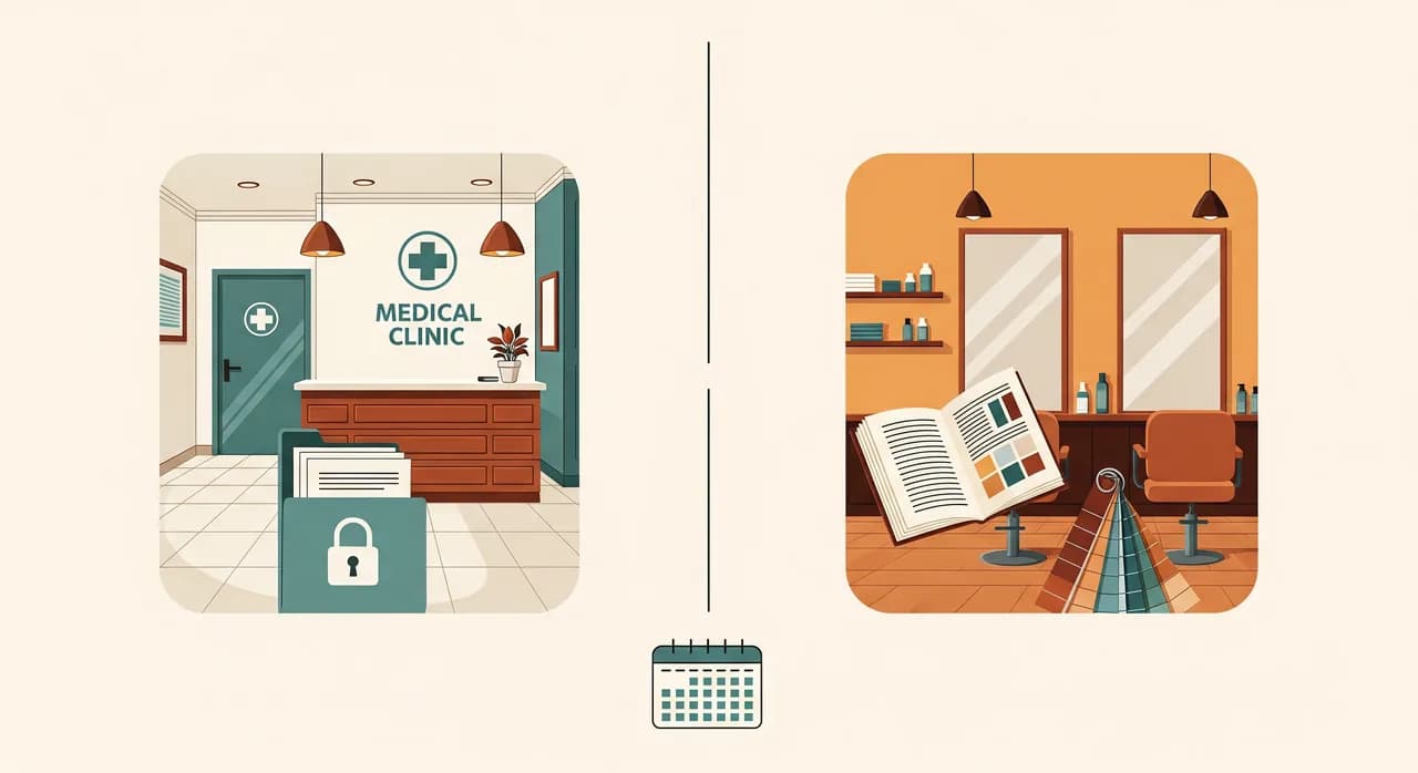 Split-screen editorial illustration: on the left a calm medical clinic reception with a locked patient-record folder icon, on the right a bright hair salon with an open style-card and color swatches, both sharing a single calendar line down the middle
