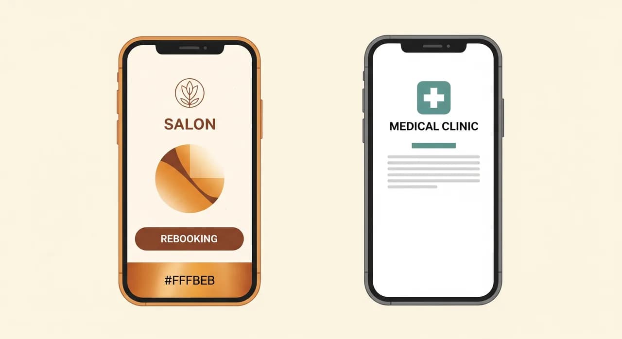 Two phones side by side showing appointment reminder messages: the left one warm and branded for a salon with a rebooking button, the right one plain and discreet for a medical clinic, drawn in a clean flat style