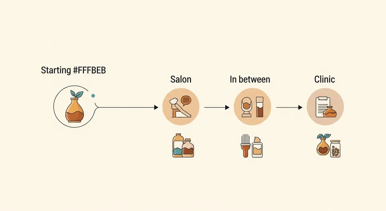 A clean editorial decision diagram: a single starting point labelled 'I need a booking system' branching into three paths — salon, clinic, and in-between — each leading to a small icon set of its key requirements, drawn in a calm minimal style
