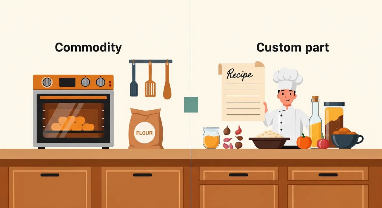 Un'illustrazione della metafora della cucina per l'approccio ibrido: un forno comprato e un sacco di farina da un lato, etichettati come prodotto standardizzato, e una scheda di ricetta scritta a mano e la disposizione personale di un cuoco dall'altro lato, etichettati come la parte su misura, collegati in un piano di lavoro ordinato, stile editoriale piatto e caldo