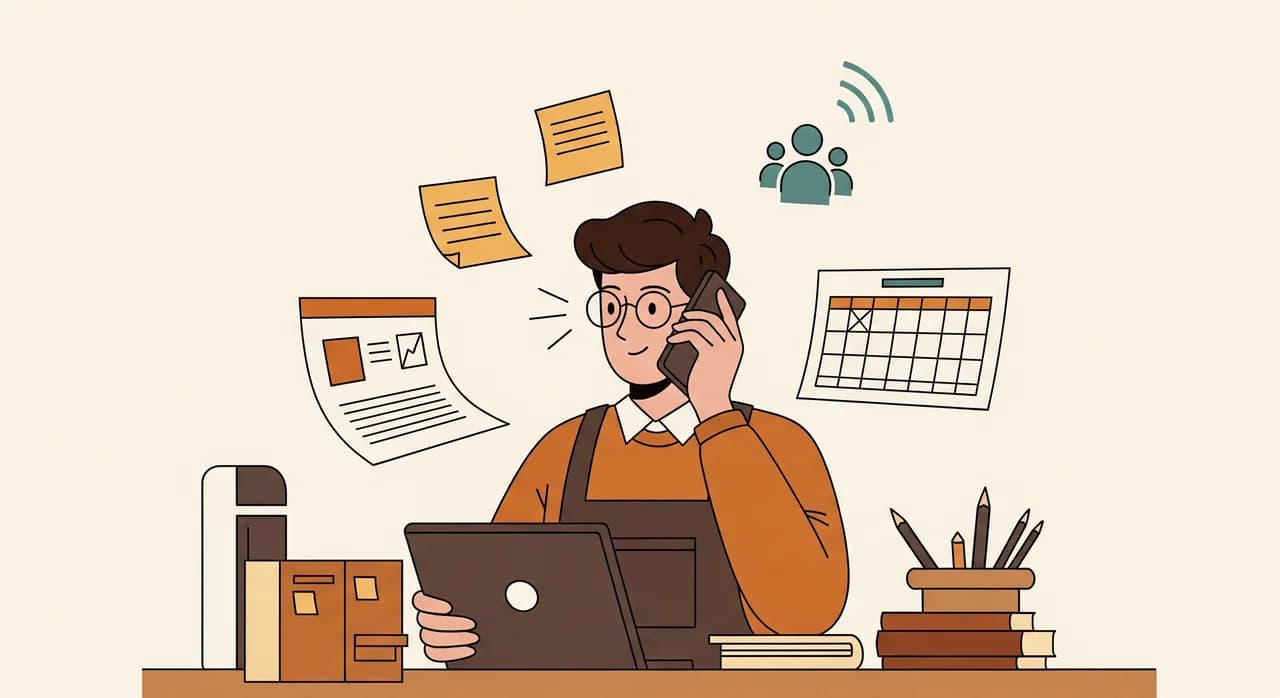A small-business owner standing in a workshop holding a phone to their ear while three sticky notes, a paper schedule and a buzzing group chat float around them, illustrated in a warm flat editorial style
