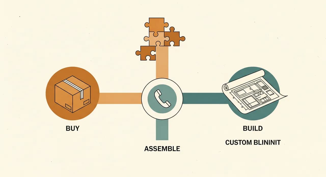 A clean editorial illustration of three paths forking from a single phone icon: one labelled buy showing a boxed product, one labelled assemble showing puzzle pieces, one labelled build showing a custom blueprint, in a calm flat style