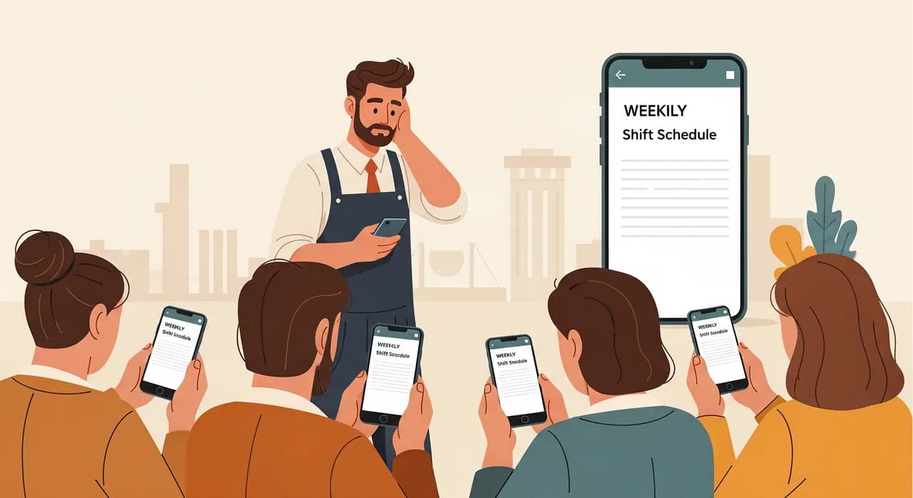 A team of small-business employees gathered around, each looking at the same simple app screen on their phones showing a weekly shift schedule, with a relieved owner in the background, warm flat editorial illustration