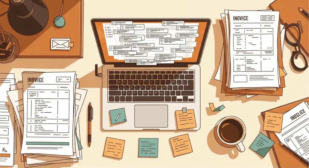 Una scrivania di back office di una piccola azienda vista dall'alto: un portatile aperto con una casella di posta affollata, pile di fatture e bolle cartacee, foglietti adesivi e una tazza di caffè — luce naturale calda, un po' opprimente ma umana