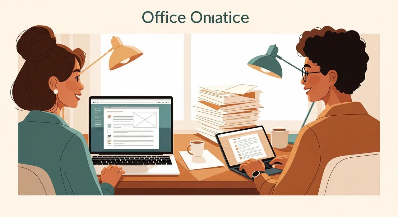 La stessa scrivania di back office di prima, ora calma e ordinata: uno schermo di portatile pulito con una casella organizzata, niente pile di carta, la responsabile d'ufficio che sorride e guarda una collega anziché essere sepolta tra gli schermi — luminoso, rilassato, luce calda