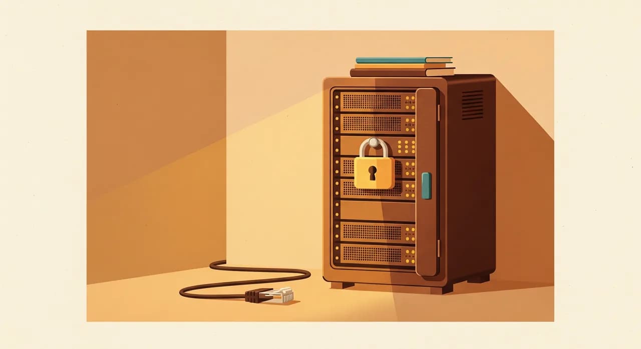 A locked server rack inside a small office room, glowing softly, with an ethernet cable visibly unplugged and resting on the floor beside it, symbolising AI that works fully offline