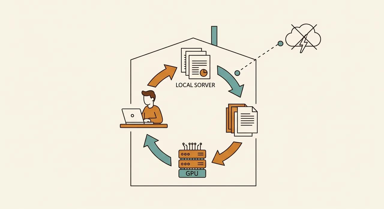 A clean editorial diagram of a closed loop entirely inside a building outline: a person at a laptop, an arrow to a local server with a GPU, an arrow to a stack of document files, and back — with a dotted line to a cloud icon crossed out