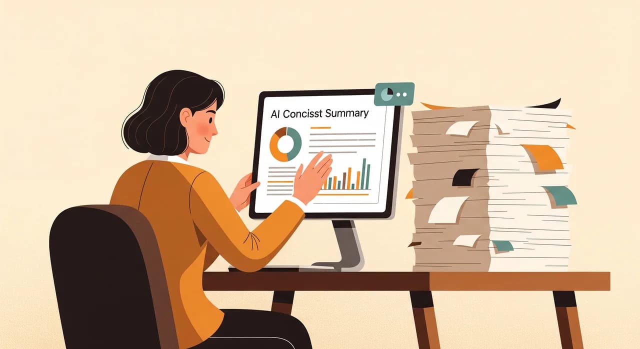 A consultant at a desk reviewing a concise AI-generated summary on screen beside a thick stack of paper documents, looking visibly relieved, in warm natural light
