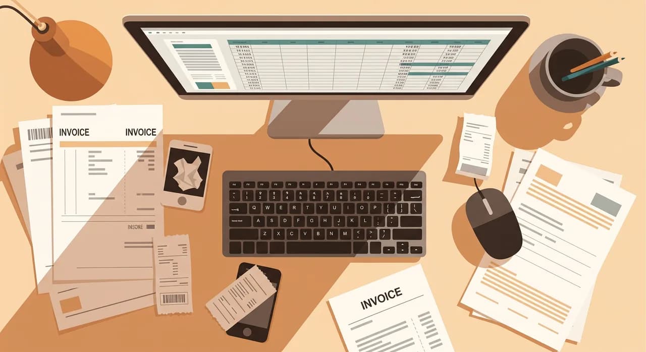 An overhead view of an accountant's desk piled with paper invoices and a few crumpled phone-photo receipts, next to a keyboard and a screen showing a bookkeeping spreadsheet, warm office light
