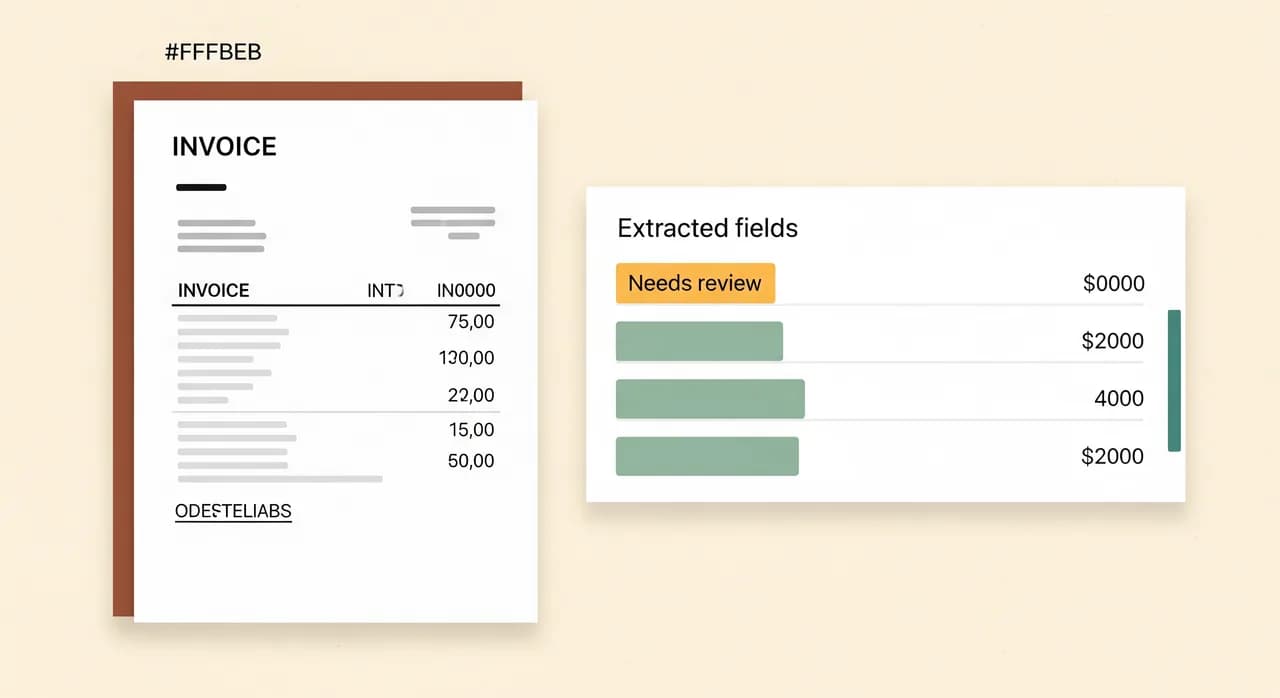 A clean software interface mockup showing an invoice on the left and extracted fields on the right, with one field highlighted in amber as 'needs review' and the rest in calm green, modern flat editorial style