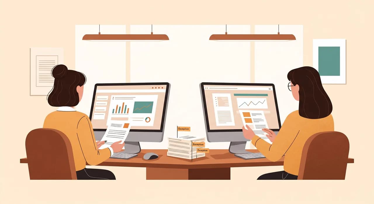 A calm, modern accounting office where two people review work on screens instead of typing from paper, a small stack of flagged exception invoices set aside, soft natural light, optimistic editorial illustration