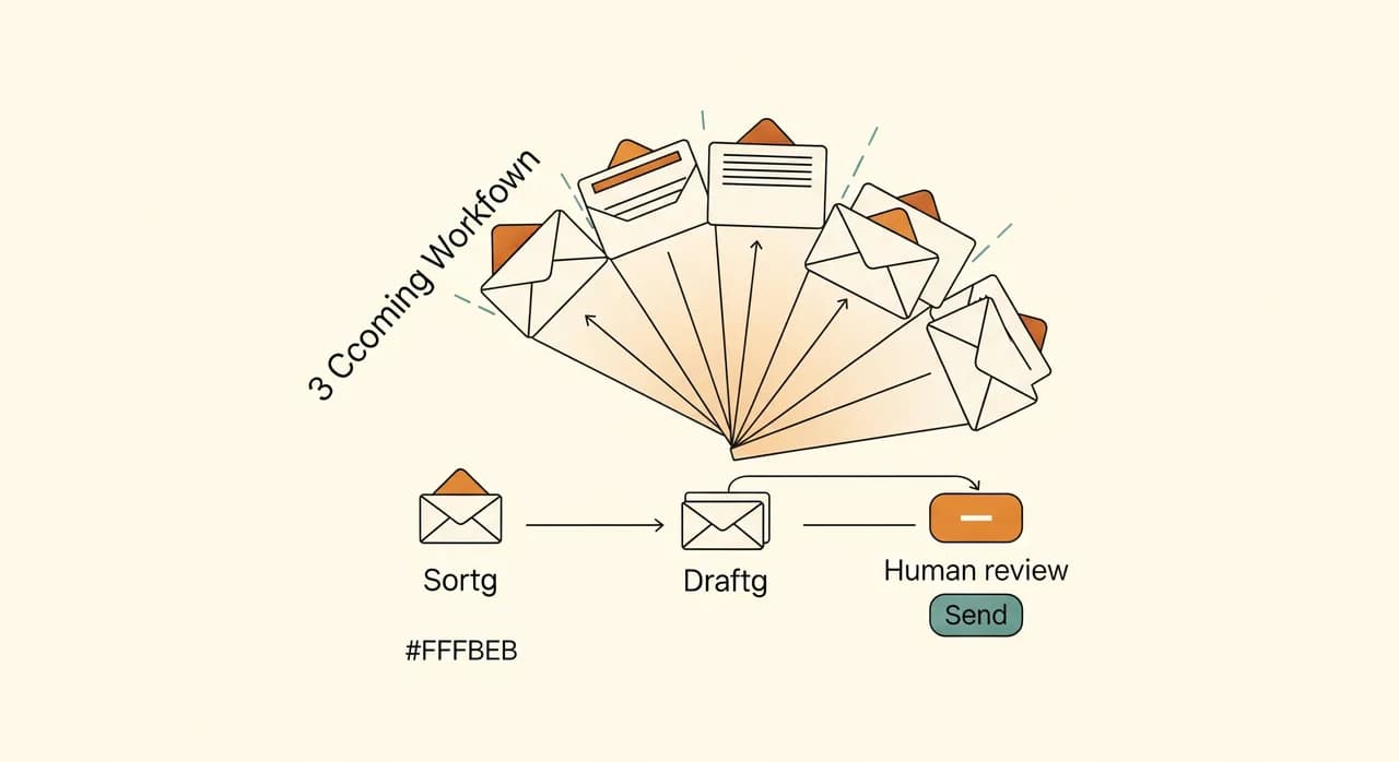 Et rent redaktionelt diagram af et indbakkeflow: indkommende e-mails, der vifter ud i tre mærkede baner — sortere, skrive udkast og et menneskeligt gennemgangstrin med en send-knap — tegnet i en rolig flad stil