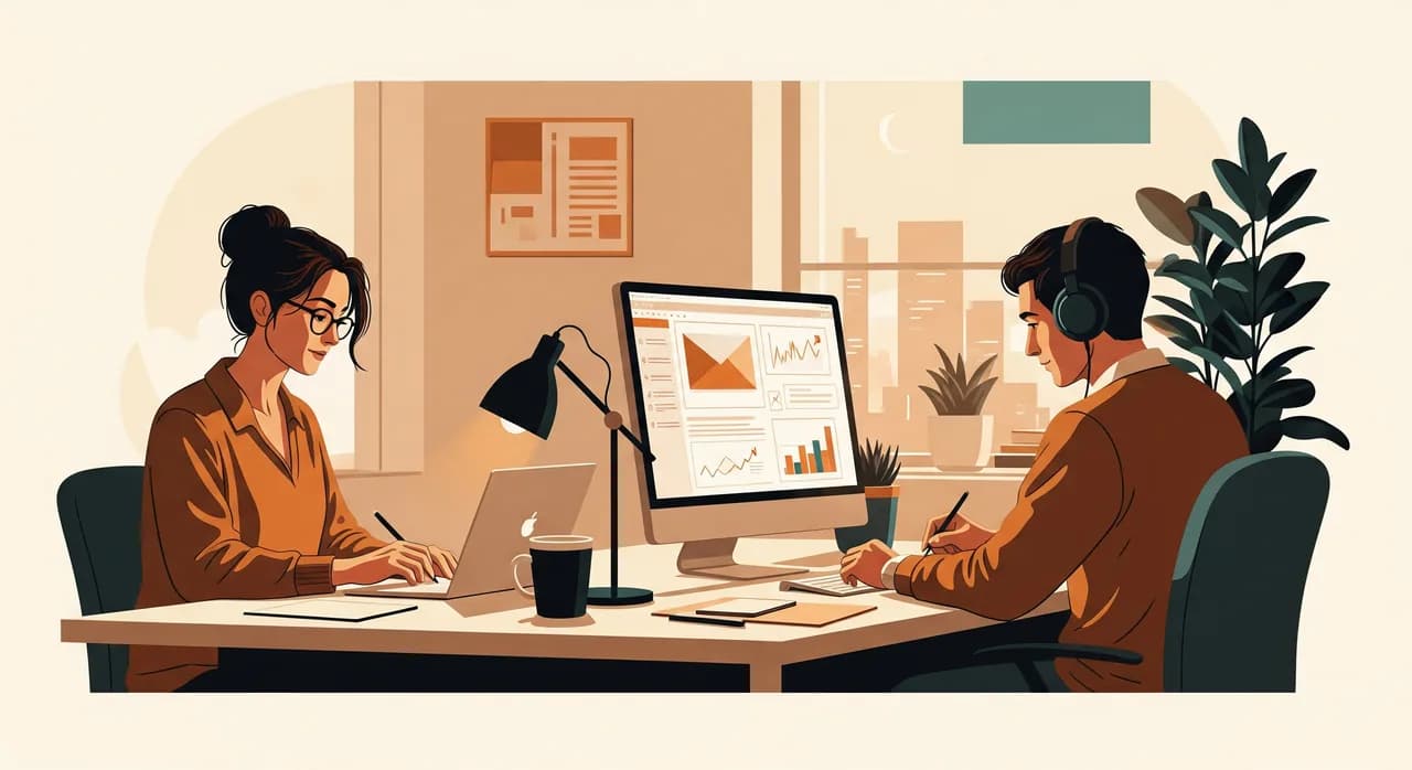 Det samme bureau sidst på eftermiddagen, en designer fuldt fokuseret på kreativt arbejde med en rolig, stort set tømt indbakke, der gløder svagt i baggrunden, en afslappet atmosfære