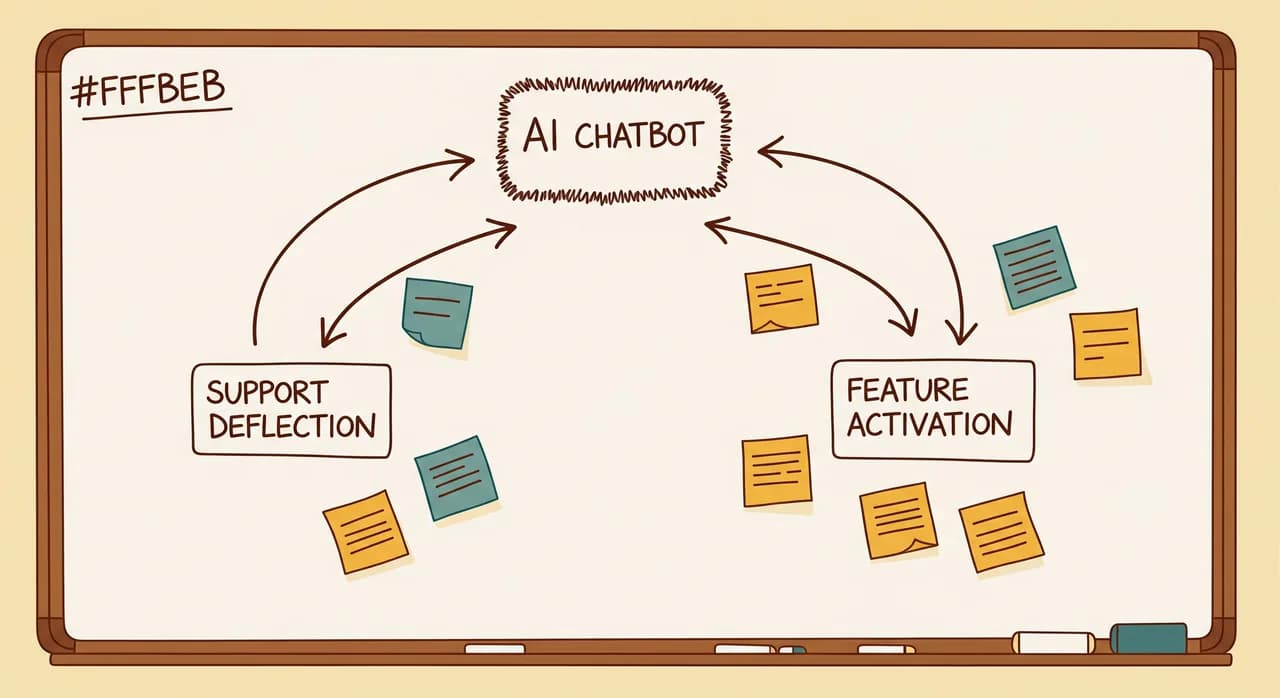 A whiteboard sketch splitting one fuzzy 'AI chatbot' box into two clearly labelled paths — 'support deflection' on the left and 'feature activation' on the right — with sticky notes and marker arrows, in a small startup office