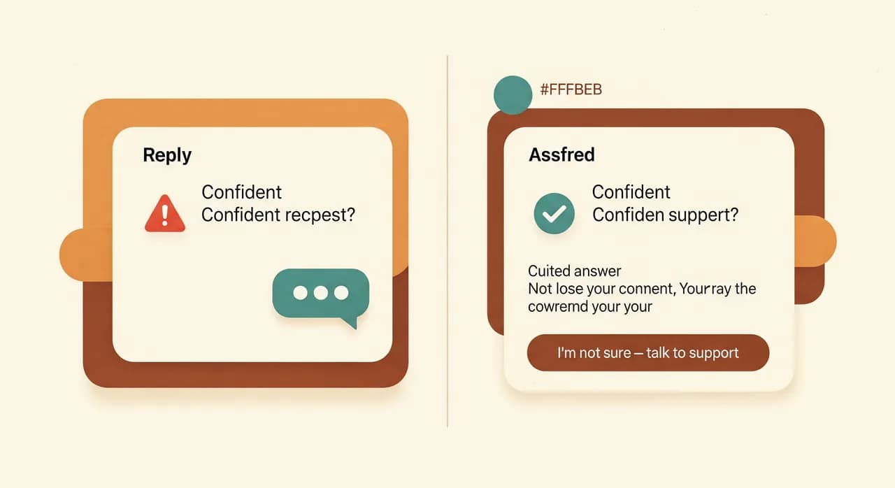 A split-screen UI illustration: on the left a chat reply marked with a red warning icon giving a confident but fabricated answer, on the right the same question answered with a green check, a short cited answer, and an 'I'm not sure — talk to support' fallback button