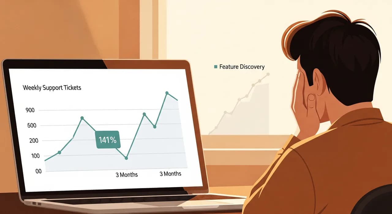 A clean editorial line chart on a laptop screen showing weekly support tickets dropping by roughly half over three months, with a second faint rising line labelled 'feature discovery' climbing in the background, viewed over the shoulder of a relieved founder