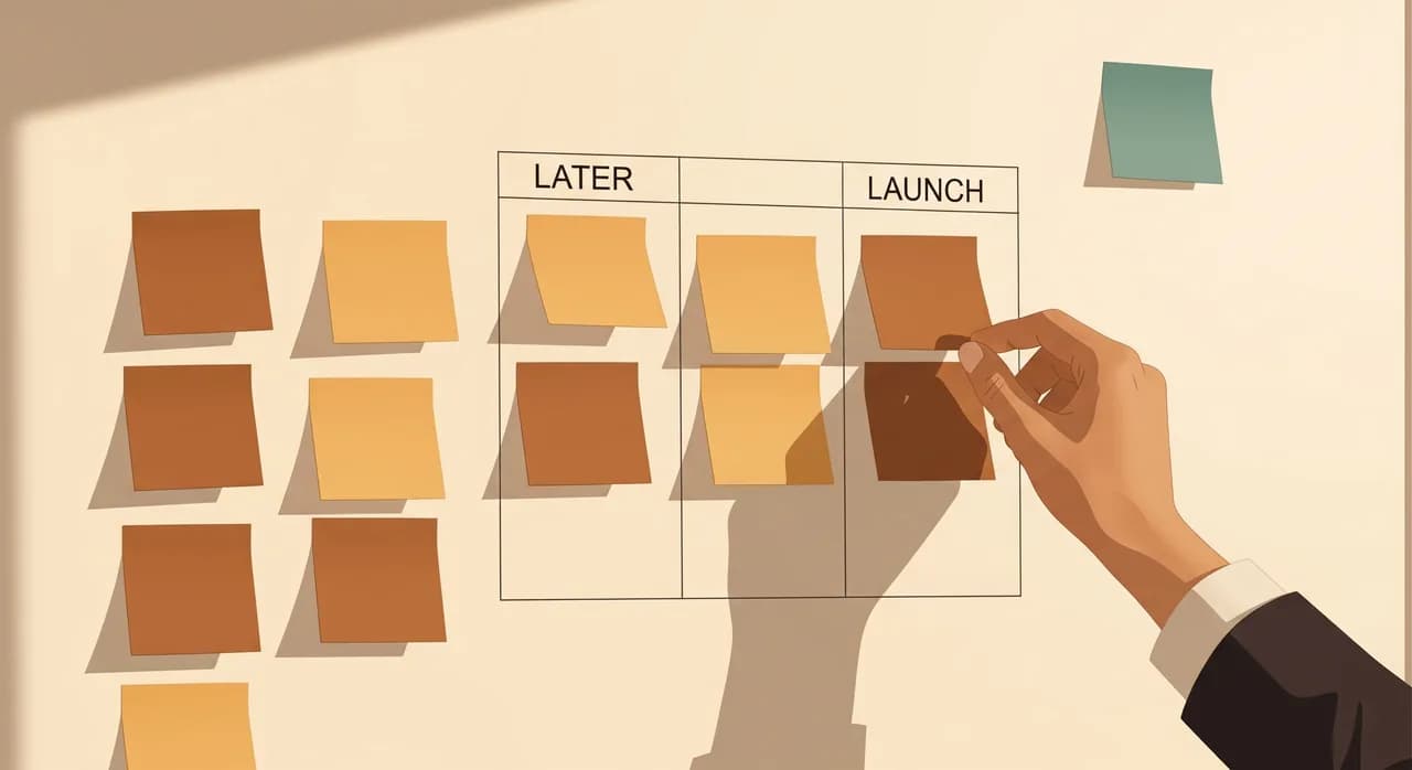A whiteboard covered in sticky notes, where a hand is moving most notes into a 'later' column and leaving only four notes in a 'launch' column, shot in warm office light