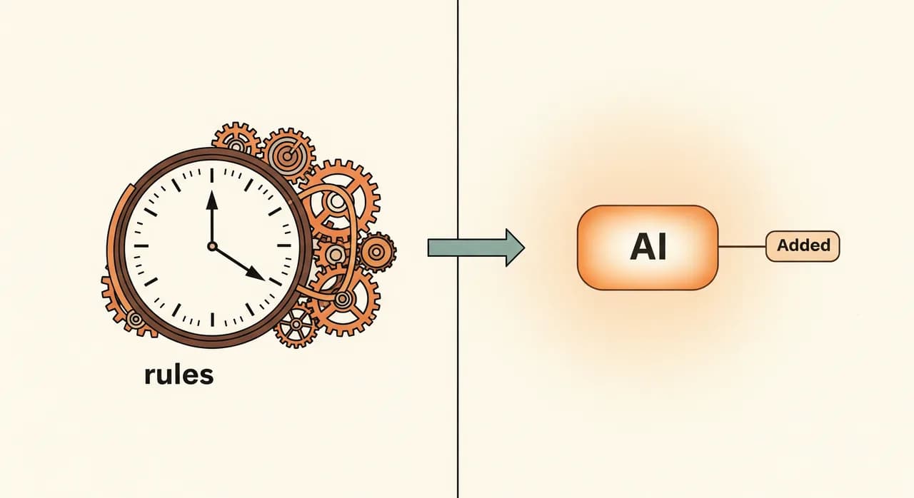 A clean split illustration: on the left a clockwork mechanism labelled 'rules', on the right a soft glowing node labelled 'AI', with a small arrow showing AI added on top later, editorial flat style