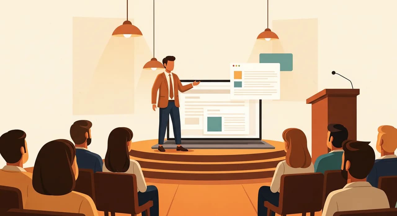 A founder on a small stage in front of a modest audience of business people, gesturing at a laptop screen showing a clean software interface, warm confident lighting