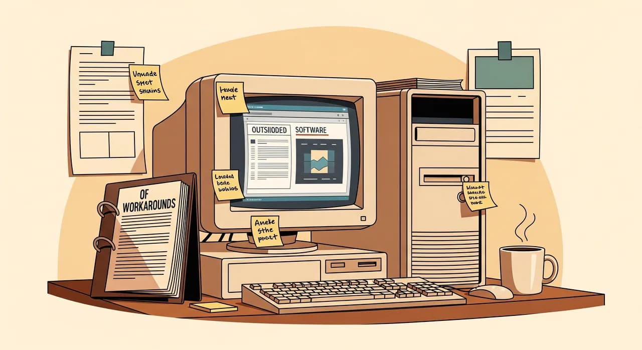 A warehouse office corner with an old beige desktop computer running outdated software, surrounded by handwritten sticky notes, a printed binder of workarounds and a coffee mug, warm documentary lighting