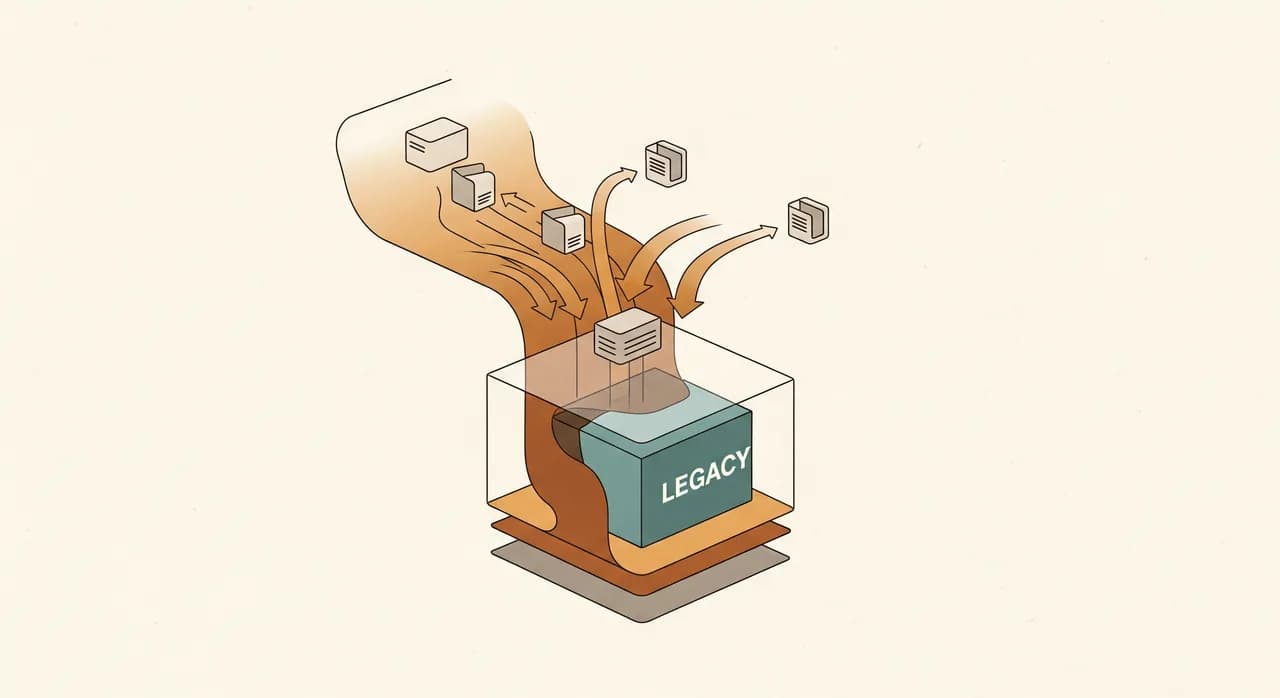 A clean diagram-style illustration of a new modern software layer growing around and gradually replacing an old legacy box, with arrows showing work being rerouted one piece at a time, editorial flat style
