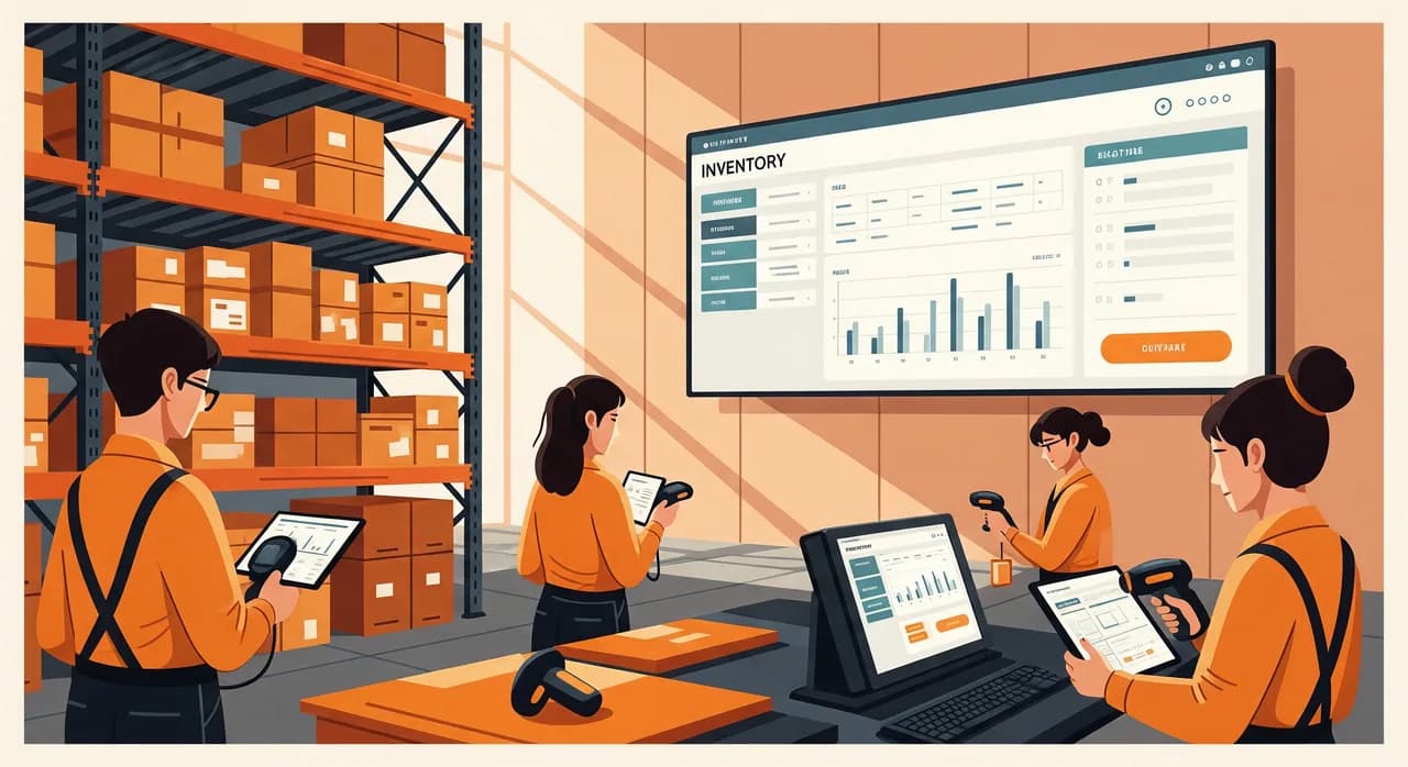 A bright modern warehouse where staff use handheld scanners and tablets, with a wall screen showing clear live inventory dashboards, calm and organised, warm natural light