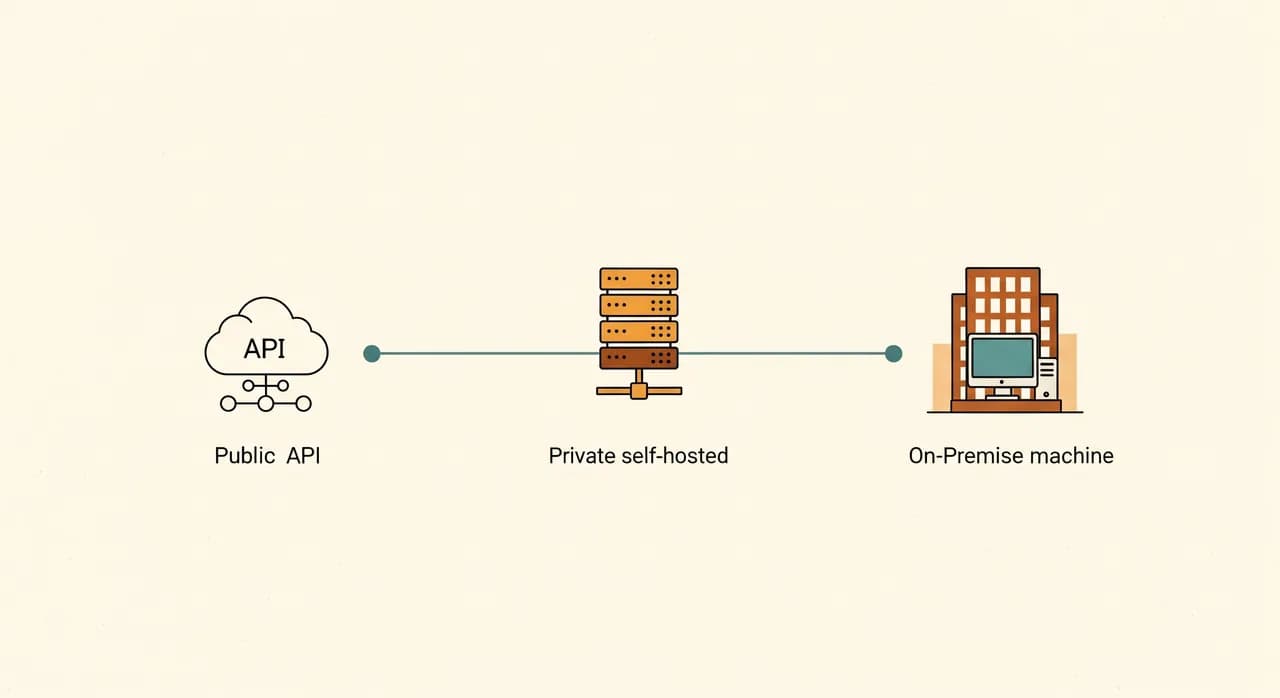 Un diagramma a cursore orizzontale pulito che mostra tre punti: API di cloud pubblico a sinistra, server privato self-hosted al centro e una macchina on-premise dentro un edificio di uffici a destra, disegnato in uno stile editoriale piatto e pacato con un solo colore d'accento