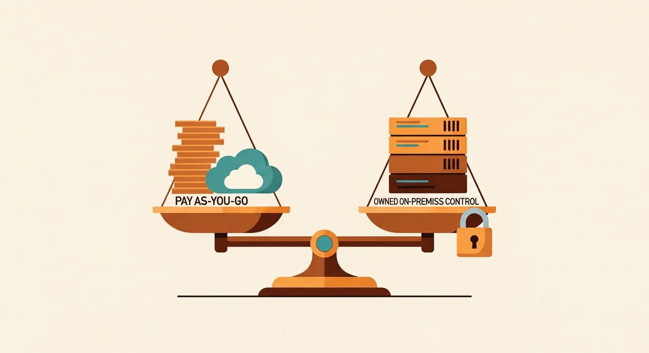 Una semplice illustrazione di bilancia: su un piatto una pila di monete e un'icona a nuvola che rappresenta il cloud a consumo, sull'altro una piccola scatola server con un lucchetto che rappresenta il controllo on-premise di proprietà, in equilibrio uniforme, stile editoriale piatto e caldo
