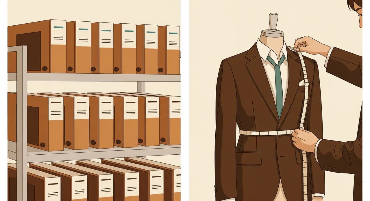 A split illustration: on the left, a rack of identical off-the-shelf software boxes; on the right, a single tailored jacket on a mannequin being measured, in a clean warm editorial style