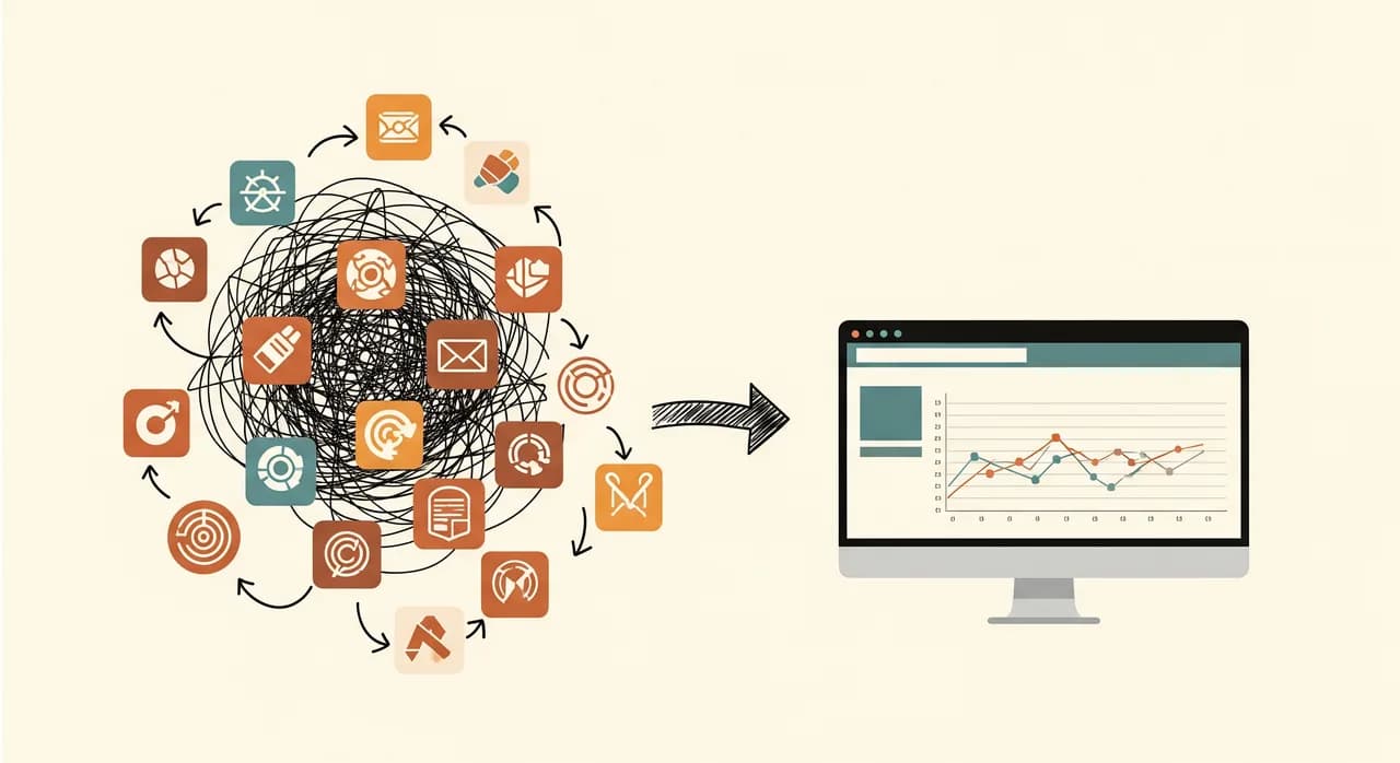 An illustration of a tangle of disconnected app icons connected by messy hand-drawn arrows on the left, resolving into a single clean unified dashboard on the right, warm flat editorial style