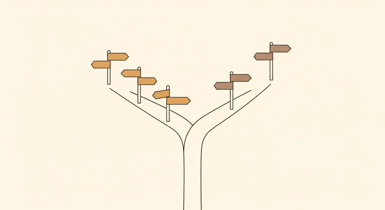 A clean editorial decision-fork diagram: a path splitting into 'rent off-the-shelf' and 'build custom', with small signposts reading core, specific, stable on one branch and generic, uncertain on the other