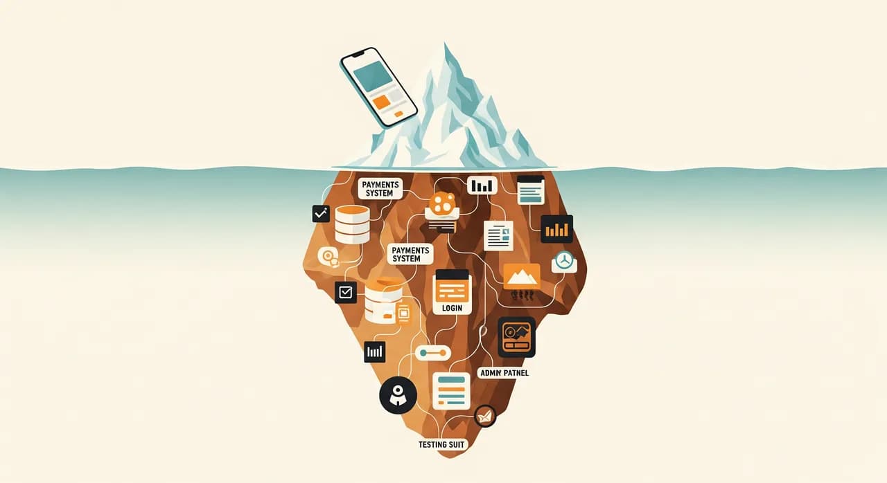 Une illustration d'iceberg où un petit écran d'application visible flotte au-dessus de la ligne de flottaison tandis qu'une grande masse de composants cachés — base de données, paiements, connexion, panneau d'administration, tests — se trouve en dessous, dessinée dans un style plat éditorial épuré
