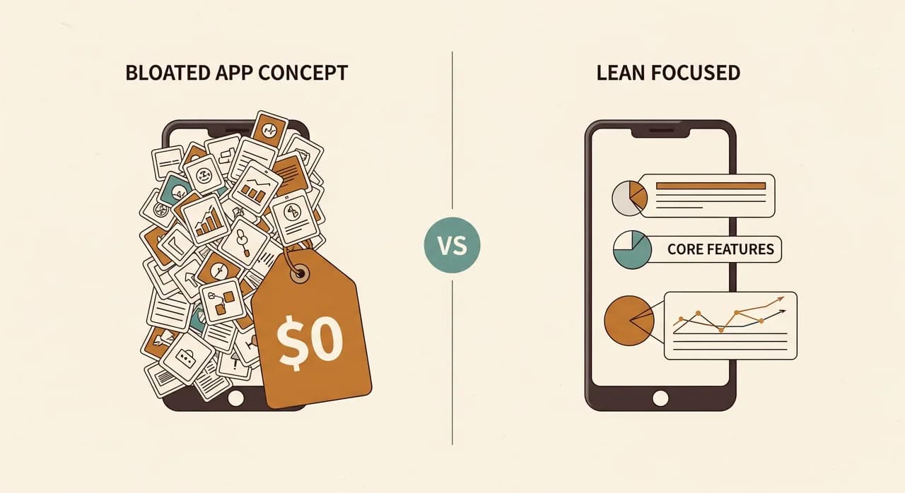 Une illustration comparative côte à côte : à gauche un concept d'application surchargé couvert de nombreuses étiquettes de fonctionnalités avec une grosse étiquette de prix, à droite une application sobre et ciblée avec trois fonctionnalités centrales et une petite étiquette de prix, dessinée dans un style plat éditorial épuré